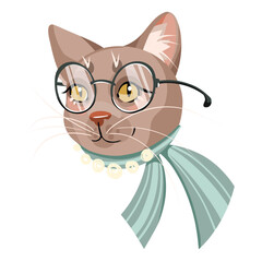 Fashionable cat girl with glasses and scarf, vector portrait on white background