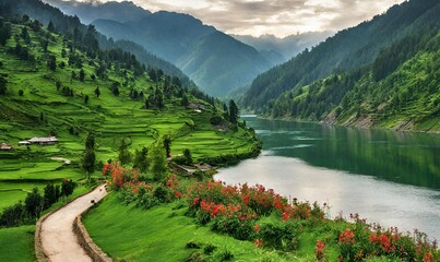 Naklejka na ściany i meble Evergreen Escapes: Embracing Nature's Bounty in Pakistan's Azad Kashmir