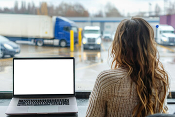 Woman Working on Laptop Overlooking Busy Truck Stop