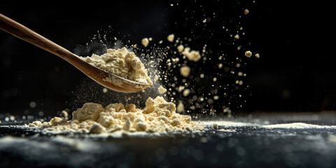 Whey protein powders in explosion on dark background. Health and dietetic concept for fitness...