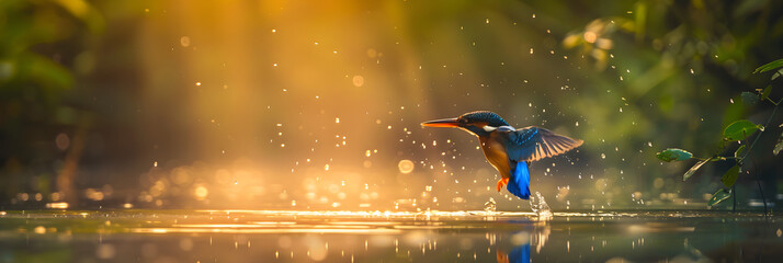A brilliant blue Kingfisher with a vibrant orange beak dives into a calm river surrounded  - obrazy, fototapety, plakaty