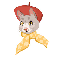 fashionable cat girl in a red beret, 
vector portrait on a white background