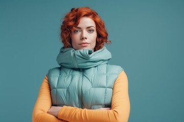 Portrait of a content woman in her 30s dressed in a thermal insulation vest while standing against pastel teal background