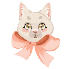 fashionable cat girl with big bow, vector portrait on white background