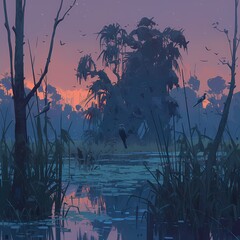 Luminous Swamp Twilight with Silhouetted Bird and Cypress