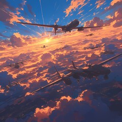 Captivating Illustration of Airborne Assault with Fighter Planes and Drones against the Sun's Radiance - obrazy, fototapety, plakaty