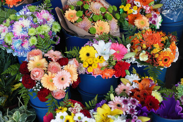 Florist shop bouquets background. Flowers compositions. Colorful flowers selling business. Flower market background. Bunch of flowers. Floral texture.
