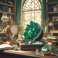 A captivating geode sculpture, rich in hunter green crystals, elegantly placed atop an antique desk, surrounded by vintage items and curiosities. - obrazy, fototapety, plakaty