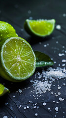 Limes and salt on a black background.