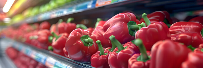 Fruits and vegetables on shop stand in supermarket grocery store. - obrazy, fototapety, plakaty