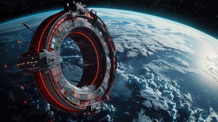 Circular futuristic portal or space station orbiting a planet