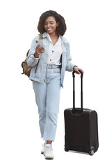 Beautiful woman tourist with suitcase luggage looking at mobile phone isolated in transparent PNG. Smiling mixed race girl going on travel. Business travel, student lifestyle, people, tourism concept
