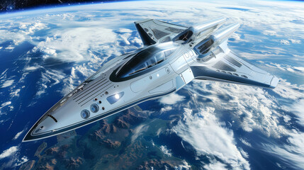 A futuristic tourist shuttle spacecraft orbiting Earth