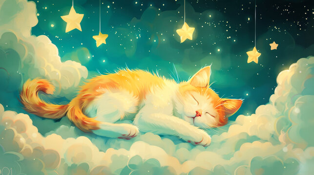A drawing of a cute cat sleeping on clouds