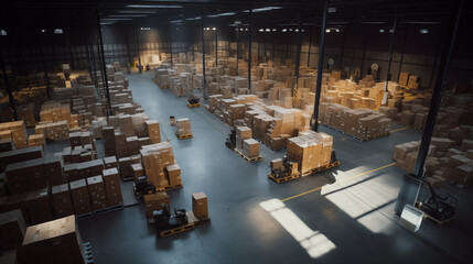 Industrial Warehouse Interior with Stacked Boxes and Pallets