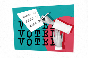 Creative collage picture human hands writing down check tick select candidate vote election...