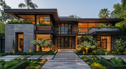 A wide angle shot of the front view of an elegant modern mansion in Miami, with concrete and wood textures, glass windows. Created with Ai