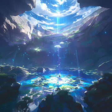 Explore a captivating cave enclave with radiant light and shimmering waters. This stock image showcases an enchanting natural landscape perfect for fantasy-themed projects or serene outdoor scenes.