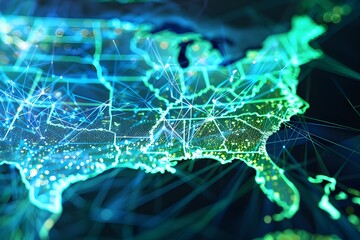 South America represented in an abstract digital map; notion of global network and connectivity; data transfer worldwide and cyber technology; information sharing and telecommunication. Business digit