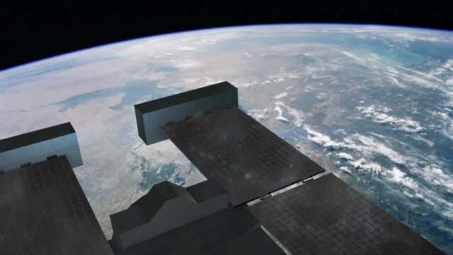 Futuristic Communication Satellite Flying In Space. Majestic Scene. Technology And Space Related 3D Animation.