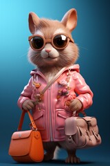 A cat wearing a pink jacket and sunglasses is holding a purse in its paws. The feline looks fashionable and trendy in its outfit as it poses for the camera