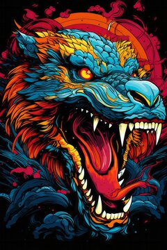 A vibrant and fierce dragon displaying its colorful scales with its menacing mouth wide open, ready to unleash a powerful roar. The mythical creature appears to be in a state of aggression or defense