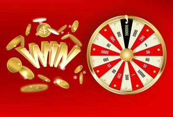 Object Lottery Wheel Fortune Playing Spin Jackpot With Shadow Win Text With Gold Coins
