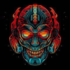 A skull with red and blue colors and a red flame on the right side.