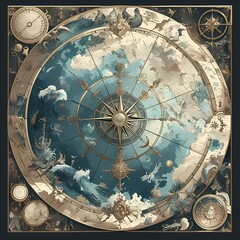Timeless Navigation Aids: Elegant Vintage Seafaring World Map with Mythical Sea Creatures and Compass Rose