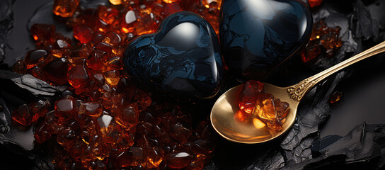 A pair of earrings made from red amber, in the shape of hearts, with gold accents, resting on an ancient black stone surface. Created with Ai