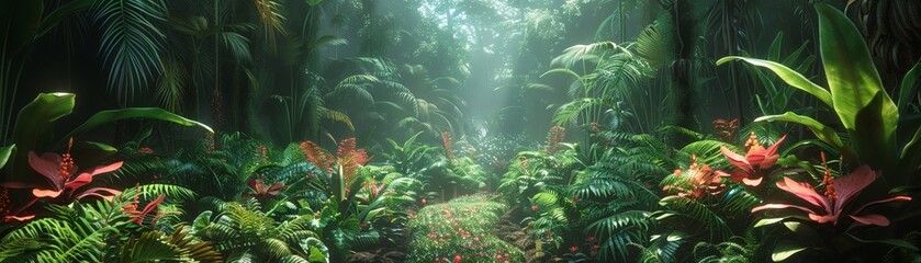 Visualizing protein synthesis in a lush rainforest, highlighting natural and cellular life cycles - obrazy, fototapety, plakaty