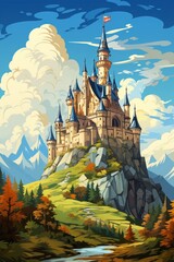A detailed painting depicting a grand castle situated on a mountain peak, surrounded by rocky cliffs and lush greenery. The castle overlooks the valley below, standing tall and commanding - obrazy, fototapety, plakaty