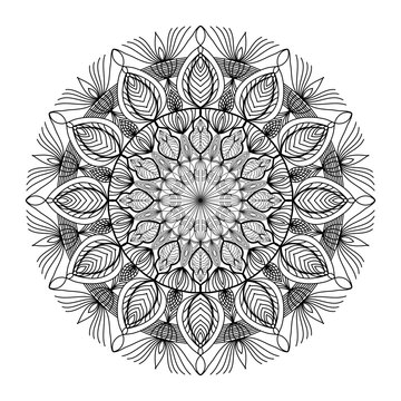 mandala circle pattern vintage decorative pattern indian skin painting tattoo oriental art Mandala floral coloring page for adults relaxation, black and white mandala coloring page hand drawn outlined