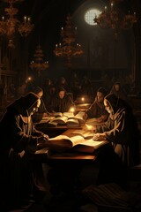 A gathering of individuals seated around a table in a dimly lit room. They appear to be engaged in a discussion or meeting, with a serious and contemplative atmosphere prevailing - obrazy, fototapety, plakaty