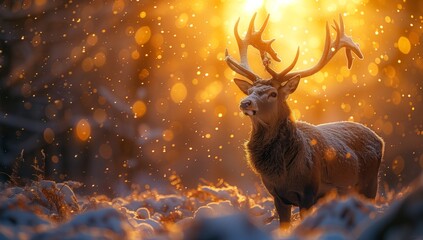 A reindeer stands gracefully in the snow as the sun sets behind it, creating a stunning atmospheric...