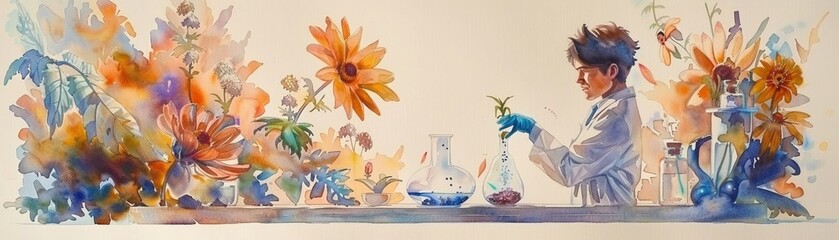 A watercolor of a scientist developing a potion that allows people to speak with plants, with a chaotic discussion between flowers and humans