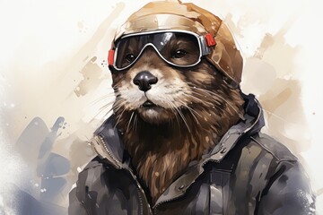 A painting depicting a beaver wearing a helmet and goggles, showcasing a whimsical and unique character design. The beaver appears ready for action or adventure - obrazy, fototapety, plakaty