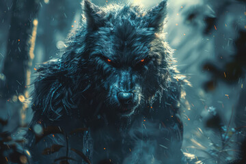 A fantasy movie still of an enormous wolf with glowing red eyes and fur made from fire. Created with Ai