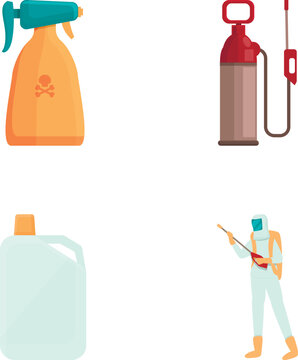 Exterminator insect icons set cartoon vector. Man disinfector in protective suit. Disinfection and sanitation
