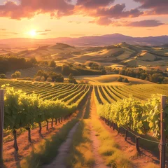 Fotobehang Vibrant sunrise illuminates a picturesque landscape of rolling hills and verdant vineyards under the golden glow of autumn. © RobertGabriel