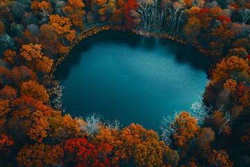 Autumn Serenity: Aerial View of a Heart-Shaped Lake Surrounded by Fall Foliage