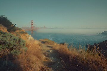 Misty Sunrise View of the Golden Gate Bridge Overlooking the Sea