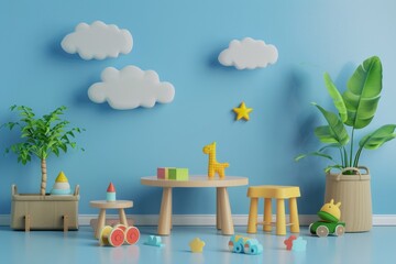 Childrens furniture and toys for kids - 3d render on blue gradient for playroom decor