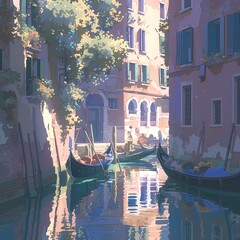 Colorful Venetian Canal with Gondola and Traditional Building - obrazy, fototapety, plakaty