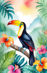 Cute toucan in beautiful rainforest, exotic flowers, watercolor art