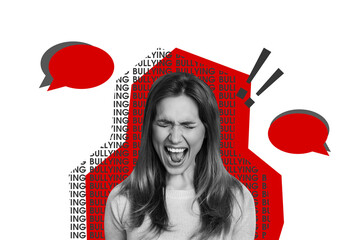 Composite photo collage of scream panic frightened girl bullying hate text box comment society...