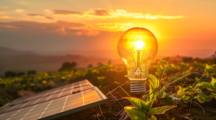Glass light bulb with solar panel on nature background. Alternative energy concept  ,Electric light bulb with solar panel, Light bulb on solar panel with sun flare, energy saving concept.

