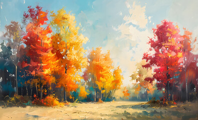 Colorful Autumn Forest Painting with Vibrant Fall Foliage