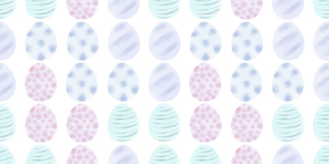 Cute illustration with colorful Easter eggs with watercolor texture, spring banner