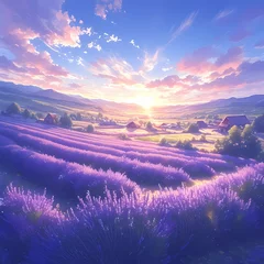 Foto op Plexiglas Bathed in the soft light of dawn, this picturesque lavender field exudes serenity and beauty. Experience the tranquility of nature with a stunning sunrise as your backdrop. © RobertGabriel